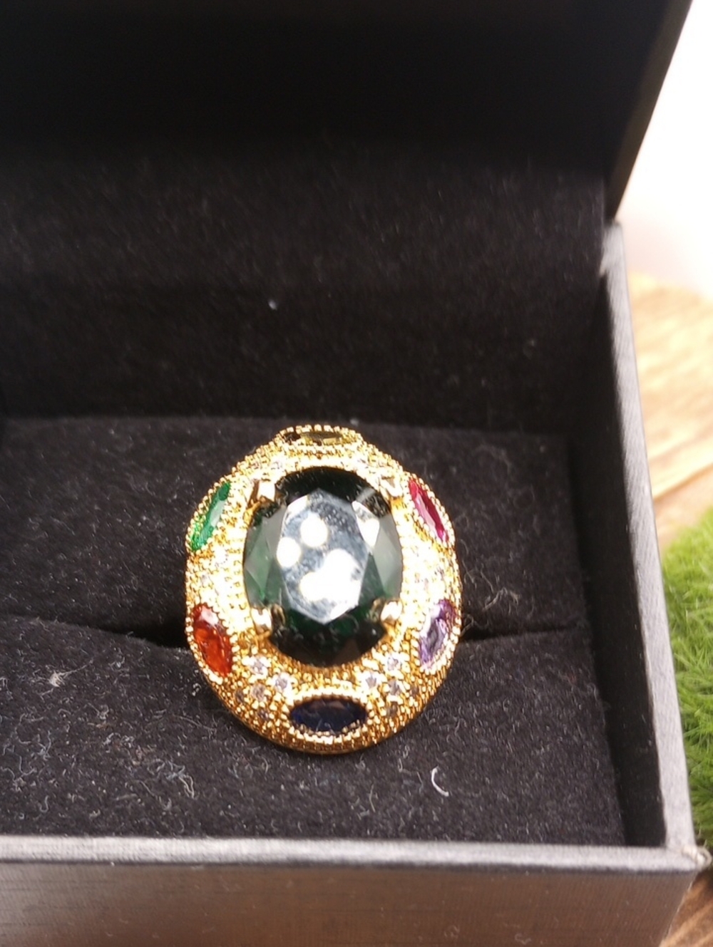 Gold-Tone Multi-Gem Statement Ring with Deep Green Center Adjustable Band R304